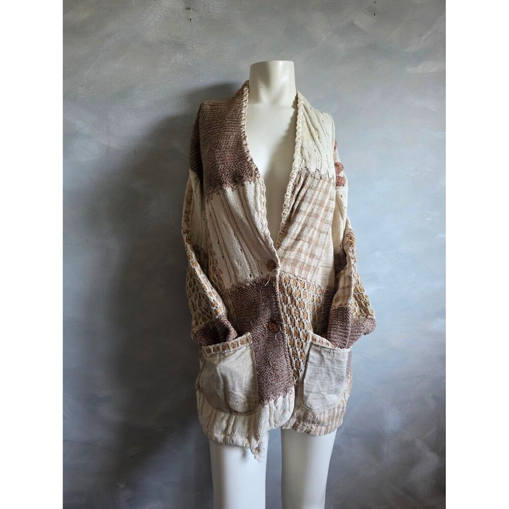 Sandy Starkman Neutral Toned Patchwork Cardigan Silk Cotton XL Vtg